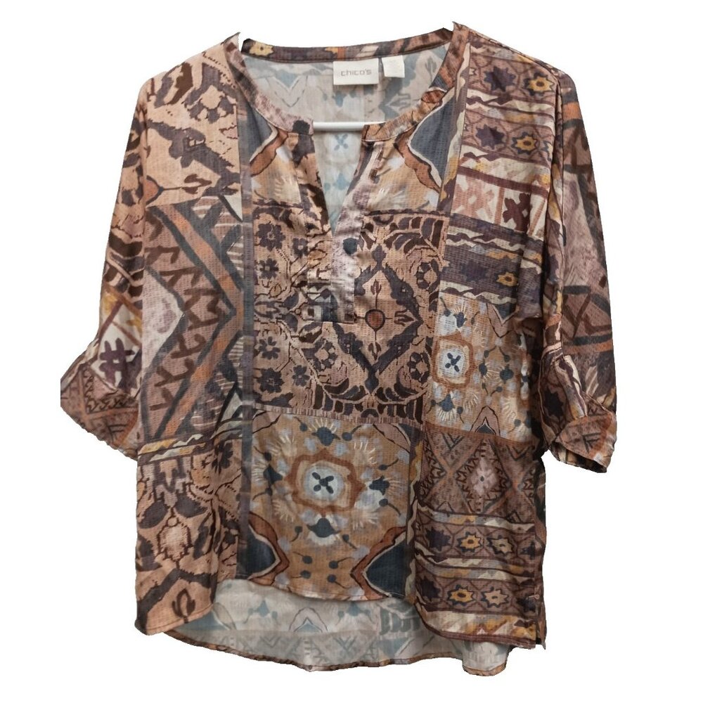 Chicos Womens Wearable‎ Art BOHO Top Small Brown Floral Satin 3/4 Sleeve